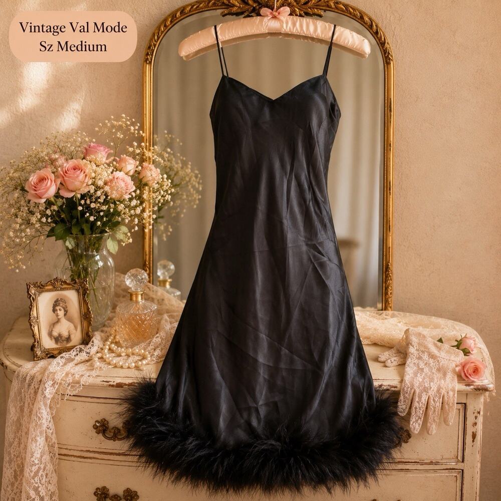 Rare Val Mode Black Satin Marabou Feather Hem Mini Slip Chemise Sz M